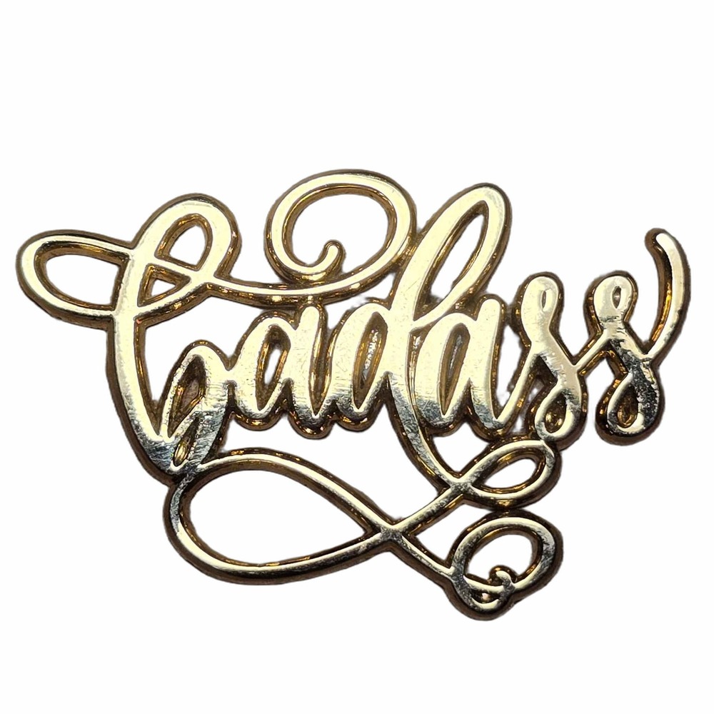 Gold Tone Cursive Badass Script Metal Lapel Vest Hat Pin J19